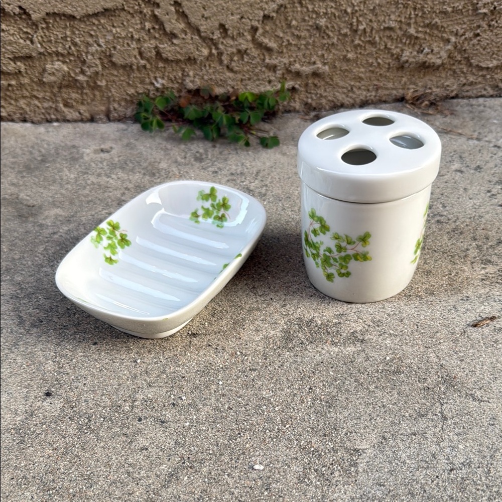 White Ceramic, Green Shamrock Design Bathroom Set